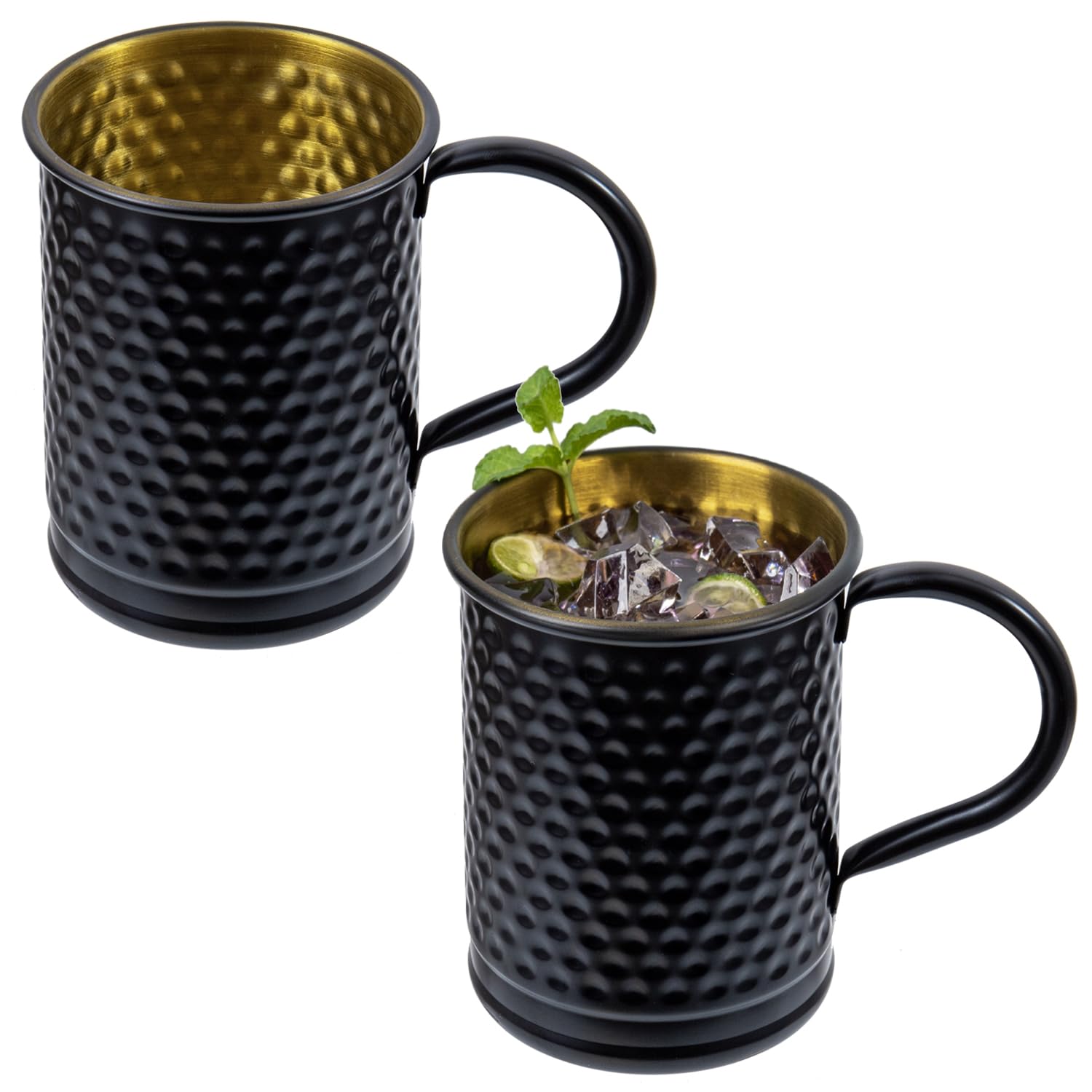 Photo 1 of MyGift 18 oz Moscow Mule Mugs, Set of 2 Matte Black Cocktail Drinking Cups with Handles and Gold Tone Interior, Metal Cup Hammered Finish