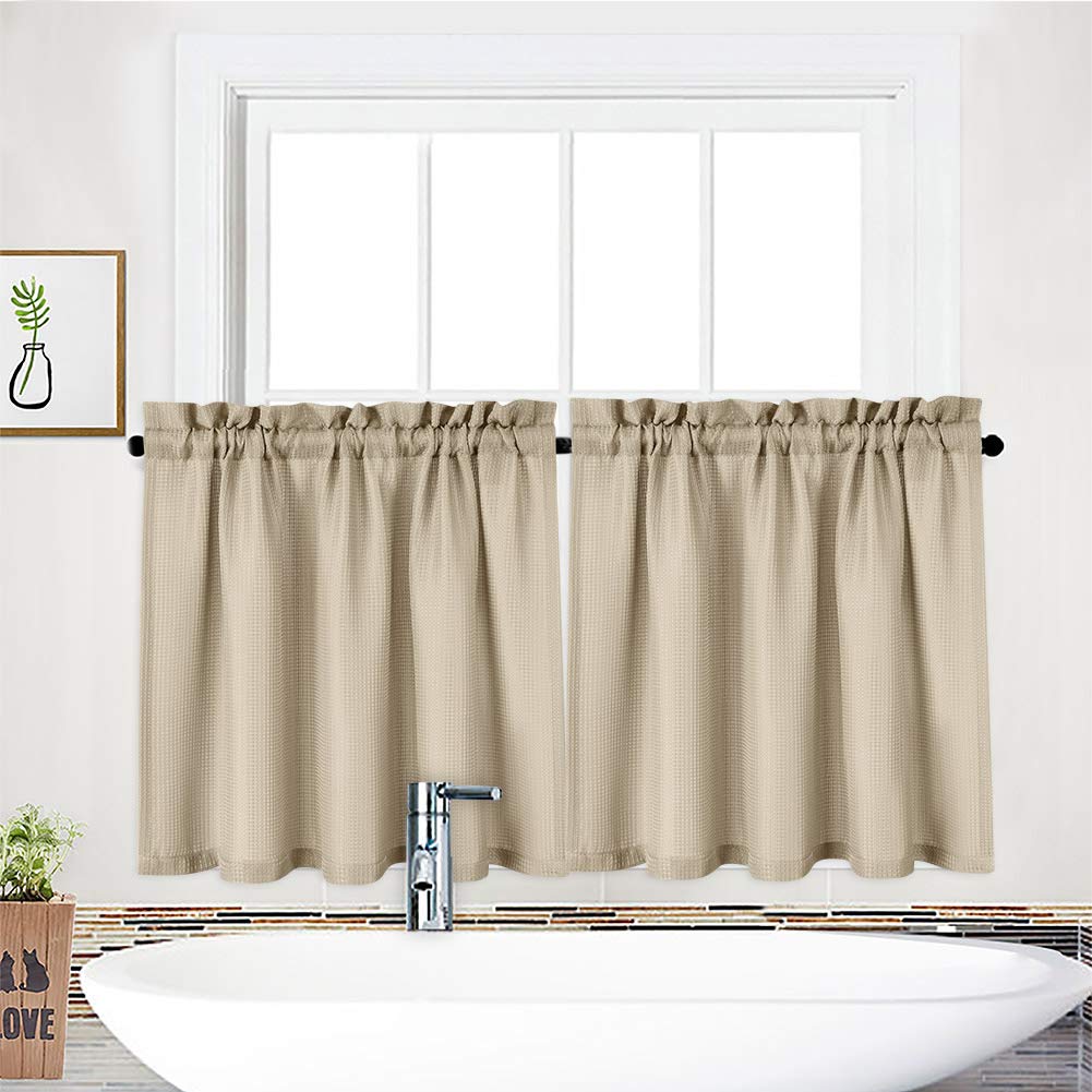 NANAN Tier Curtains,Waffle Woven Textured Short Curtains for Bathroom Waterproof Window Covering for Kitchen - 30" x 24", Plaza Taupe, Set of 2