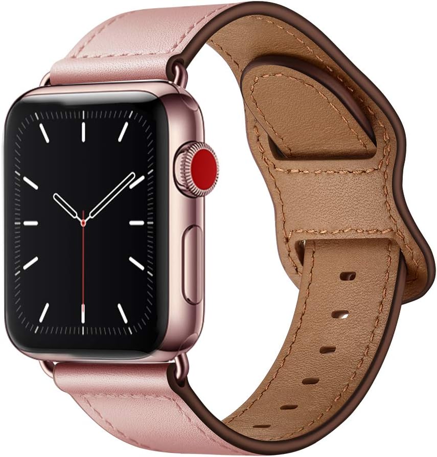 KYISGOS Compatible with iWatch Band 40mm 38mm 44mm 42mm, Genuine Leather Replacement Band Strap Compatible with Apple Watch SE Series 6 5 4 3 2 1 (Pink/Rose Pink, 40mm/38mm)