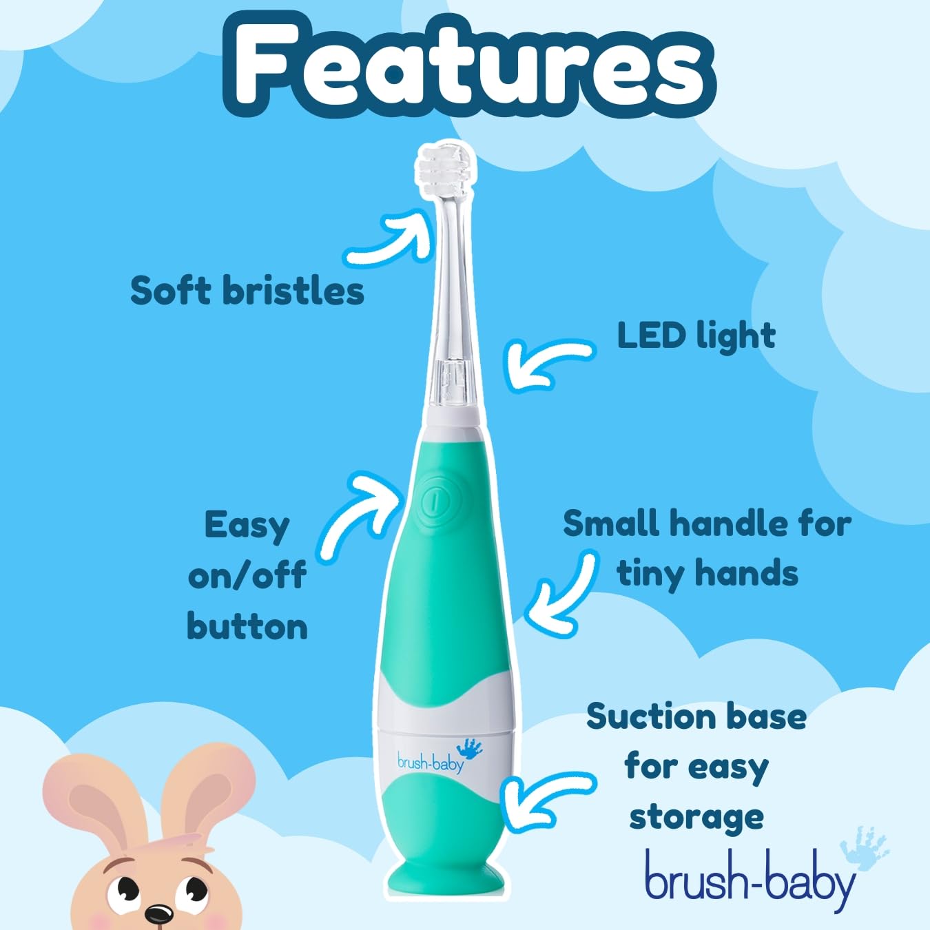 brush-baby BabySonic Infant and Toddler Electric Toothbrush for Ages 0-3 Years - Smart LED Timer and Gentle Vibration Provide a Fun Brushing Experience - Includes 2 Sensitive Brush Heads (Teal)