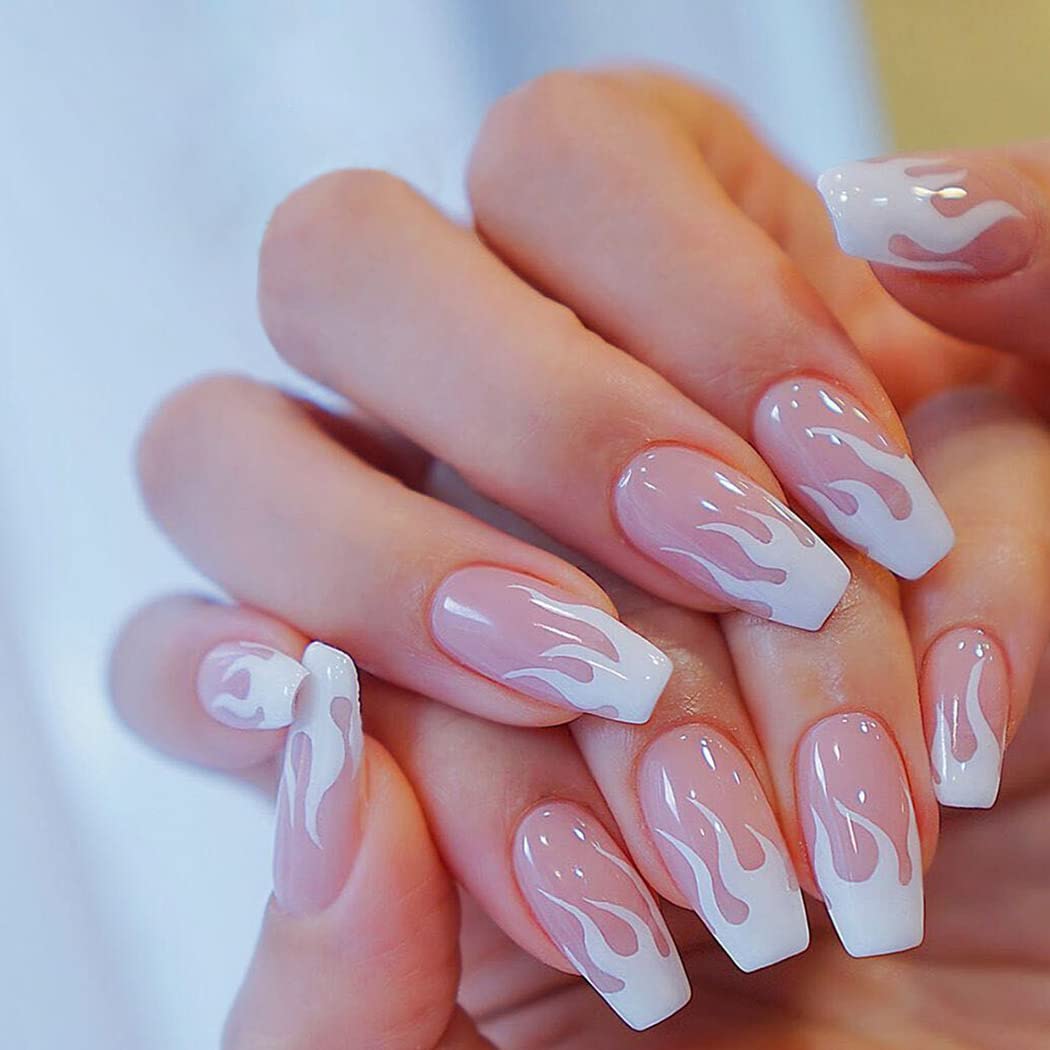 Vatocu Coffin False Nails Medium French Fake Nails Pink Falme Glossy Press on Nails Full Cover Ballerina Acrylic Stick on Nails for Women and Girls (24pcs)