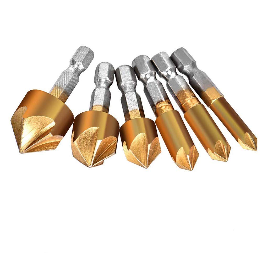 HSS Countersink Drill Bit 6PCS Countersink Drill Bits Set 5 Flute 90 Degree Center Punch Tool Sets for Wood Quick Change Bit SIZE 6mm,8mm,12mm,16mm,19mm