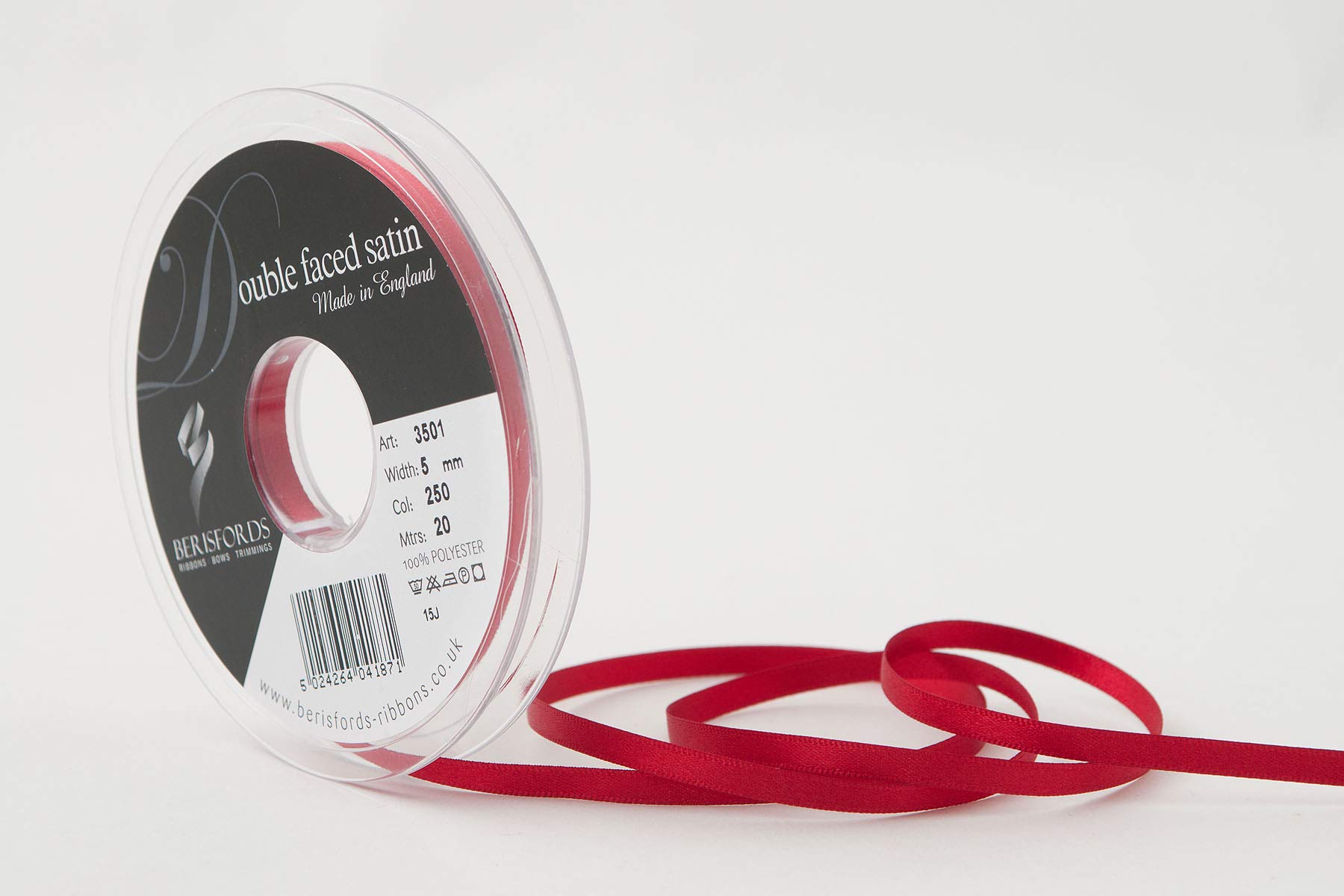Berisfords Double FACE Poly Satin Ribbon, RED, 10x1x10 cm