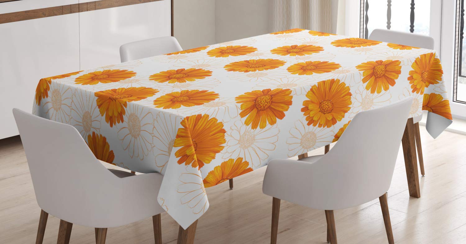 ABAKUHAUS Burnt Orange Tablecloth, Calendula Flowers, Dining Room Kitchen Rectangular Table Cover, 54 W X 78 L, Burnt Orange and White