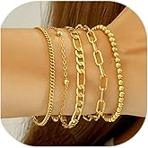 Wgoud Waterproof Gold Bracelets for Women Trendy, Dainty 14K Real Gold Plated Fashion Stackable Bracelet Sets for Women Thin Cuban Link Paperclip Chain Bracelets Layered Gold Jewelry Sets Gifts for Womens