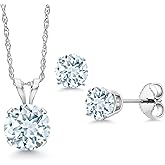 Gem Stone King 14K White Gold Sky Blue Aquamarine Pendant Earrings Jewelry Set For Women | 1.25 Cttw | Gemstone March Birthstone | Round 6MM | with 18 Inch Chain