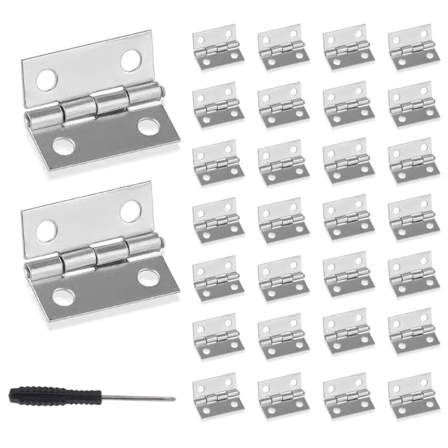 Roosea 30 Pcs Mini Hinges 25 * 24 * 0.8 mm for Dolls House with 120 Pcs Hinge Screws and Screwdriver - Silver — image 1