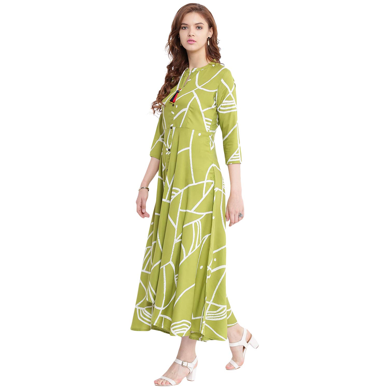 voom women's printed flared kurta (green)