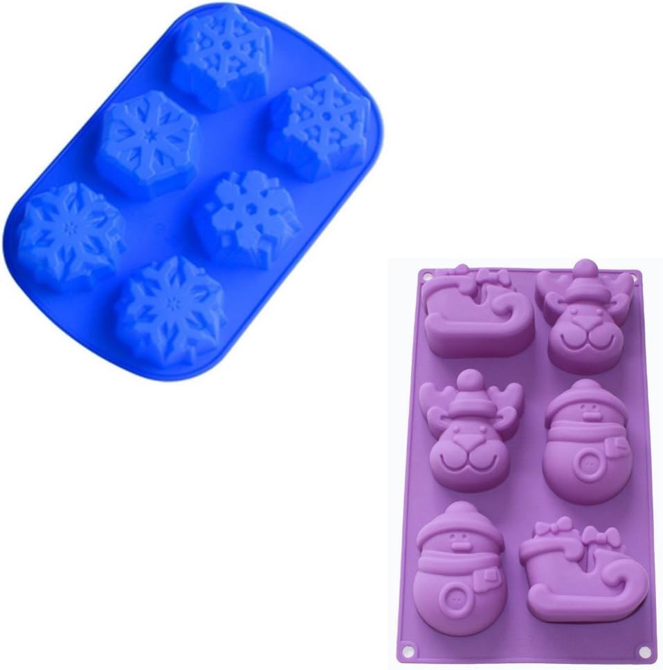 Gathere 2Pcs Christmas Them Snowman Reindeer Sleigh Snowflake Shape Silicone Mold for Jelly Biscuits Soap Chocolate Candy Cupcake Bath Bomb Ice Cube Muffin Pan Baking Mould