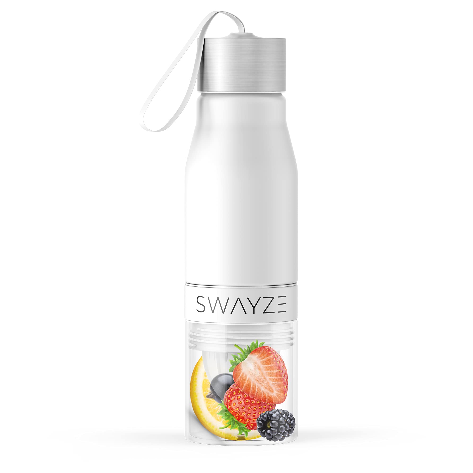 Swayze Water Bottle Fruit Infuser, BPA Free, Infusion Section, Fruit Squeezer Juicer, 650ml Sport Durable Leak Proof Camping Outdoors Detox Healthy Hydration (White)