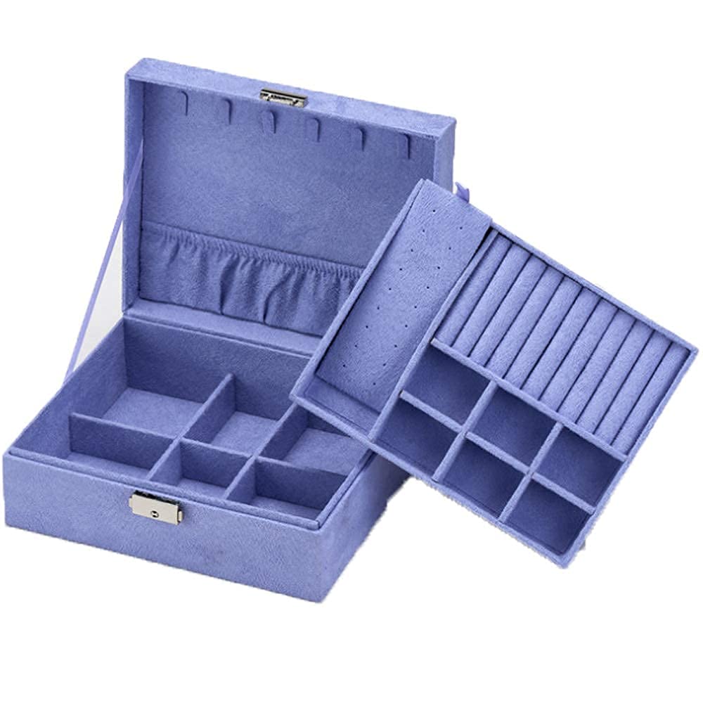 Coqlycot Jewellery Box Organiser with Lock for Necklace Earrings Bracelets Rings, Double Stackable Layer, Removal Tray, Suede Leather Jewelry Storage Case with Necklace Hangers Compartment (Purple)
