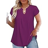 VISLILY Plus-Size-Summer-Tops for Women Dressy V Neck T Shirts Trendy Petal Short Sleeve Tunics Casual Pleated Blouses 1X-5X