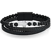 Raymard Mens Christian Cross Double Row Leather Bracelet, Religious Braided Cuff Bracelet for Men