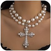Red Yun En Gothic Cross Necklace for Women Chunky Cross Pendant Layered Pearl Necklaces Gothic Jewelry