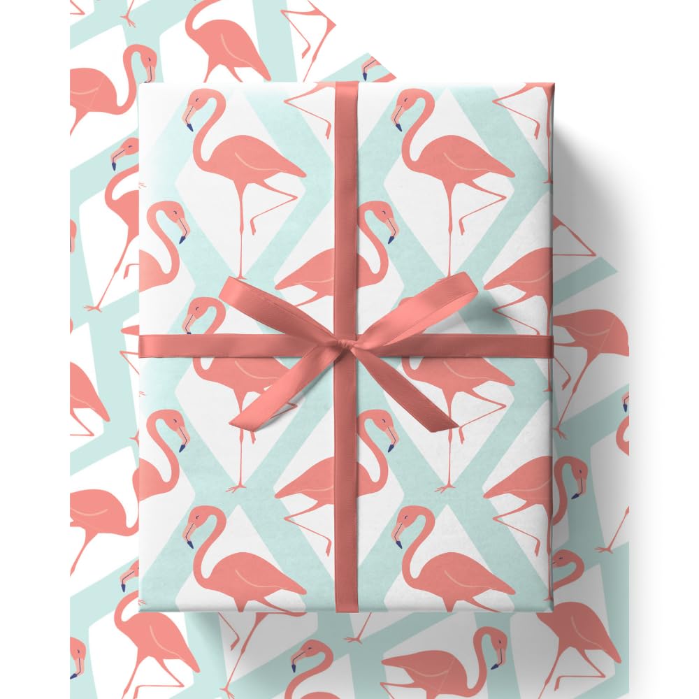 4 x Flamingo Wrapping Paper - HUGE 43% BIGGER [84cm x 60cm] Eco Friendly Premium Recyclable Gift Wrap in Plastic Free Packaging (4 Sheets & 4 Tags)