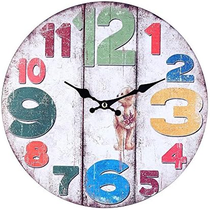 Round Wall Clock 12" Vintage Arabic Numbers Wooden Rustic Style
