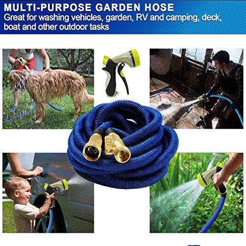 Iserlohn 50ft Expandable Garden Hose with 8 Pattern Spray Nozzle and 12 Pack Washer, Water Hose with Triple Layer Latex Core, Solid Brass Connector, Blue