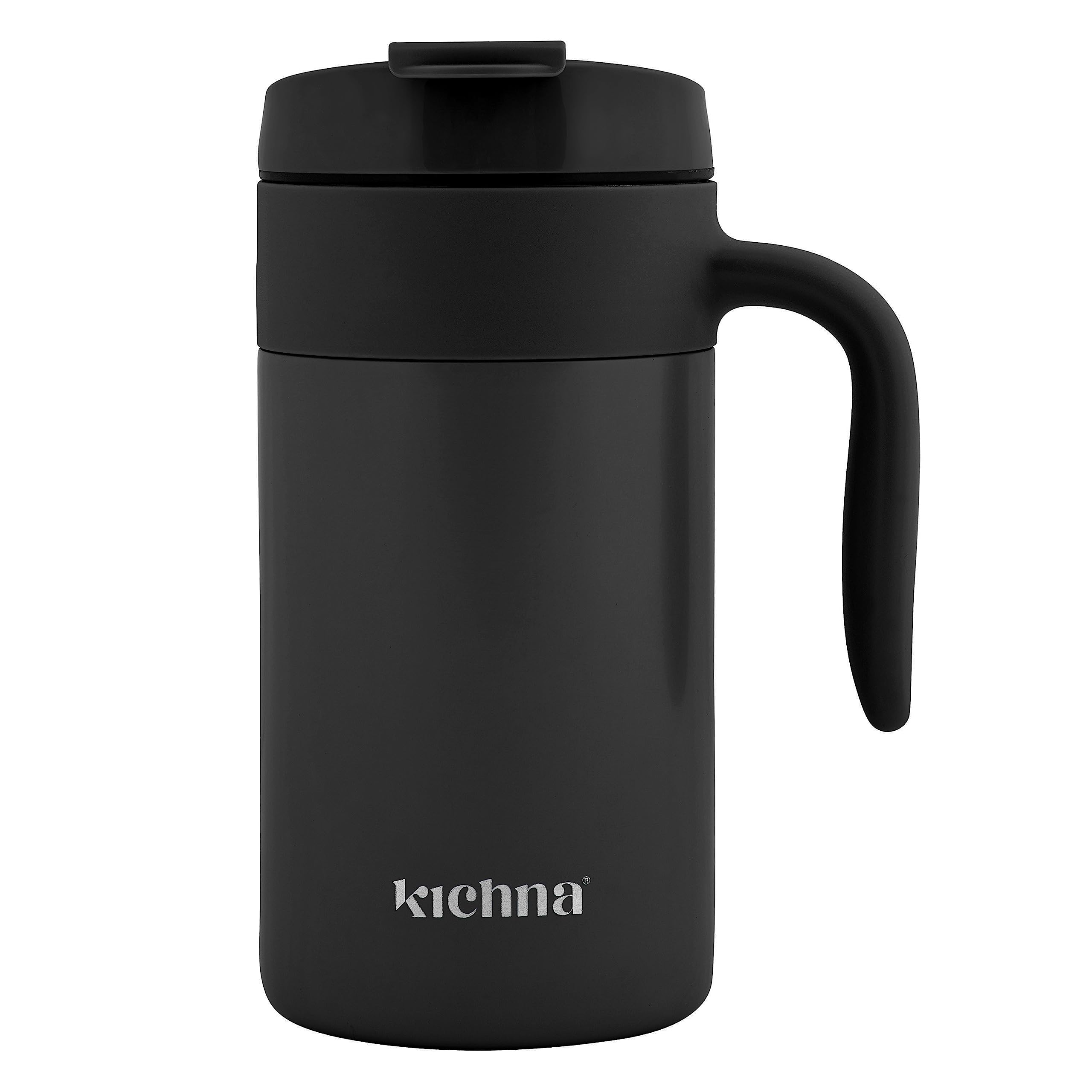 Kichna Voyager 18 oz / 550ML Double Walled Stainless Steel Vacuum Travel Mug | BPA Free Lid Leak & Spill Proof Tumbler with Ergonomic Handle | Keeps Cold for 14Hrs or Hot for 3Hrs - Onyx Black
