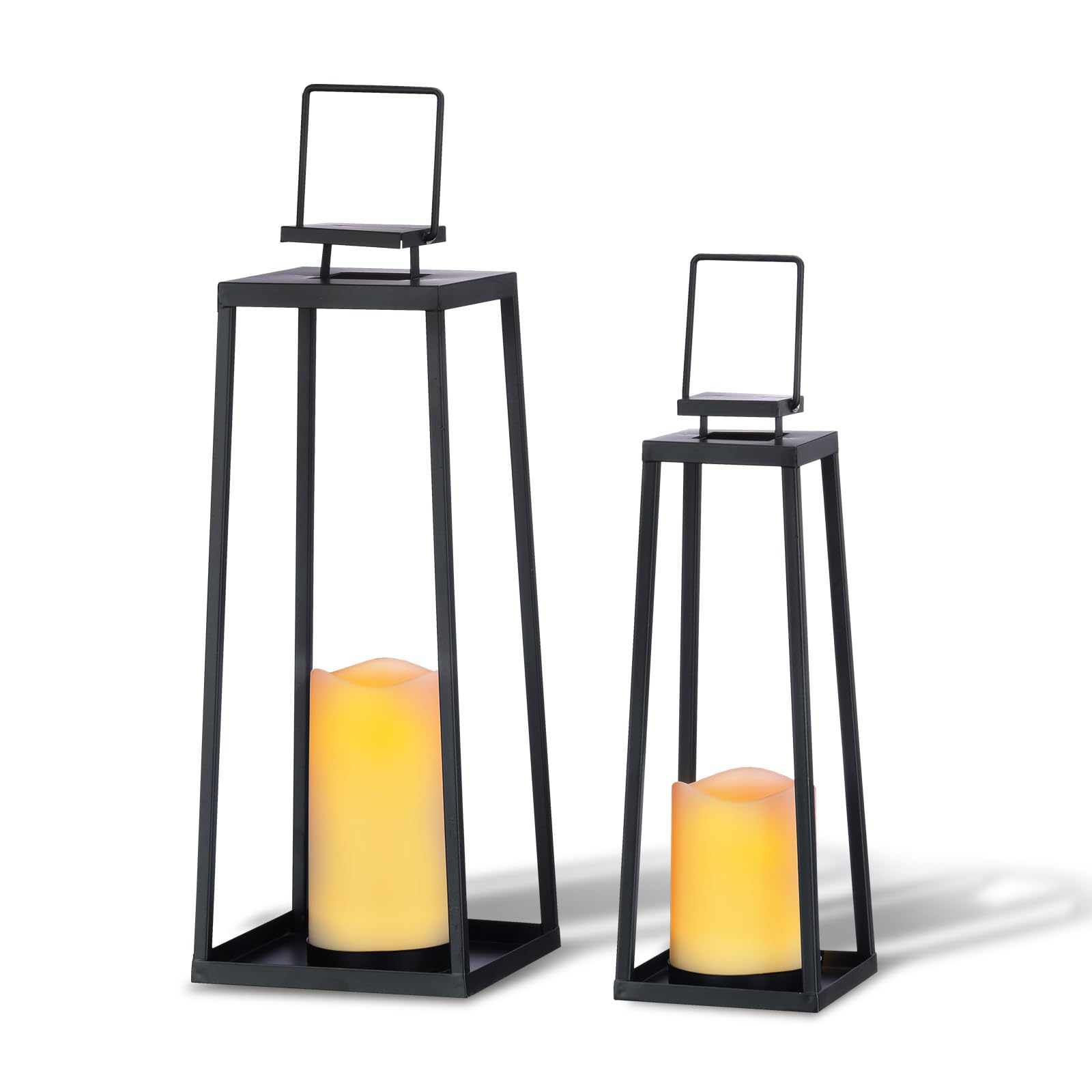 Photo 1 of Solar Lantern Decorative Outdoor Set of 2 (18’’ & 15’’) Modern Black Metal Lanterns with Solar Candles, Decorative Candle Lanterns for Outdoor Porch, Patio, Garden, Yard Decor