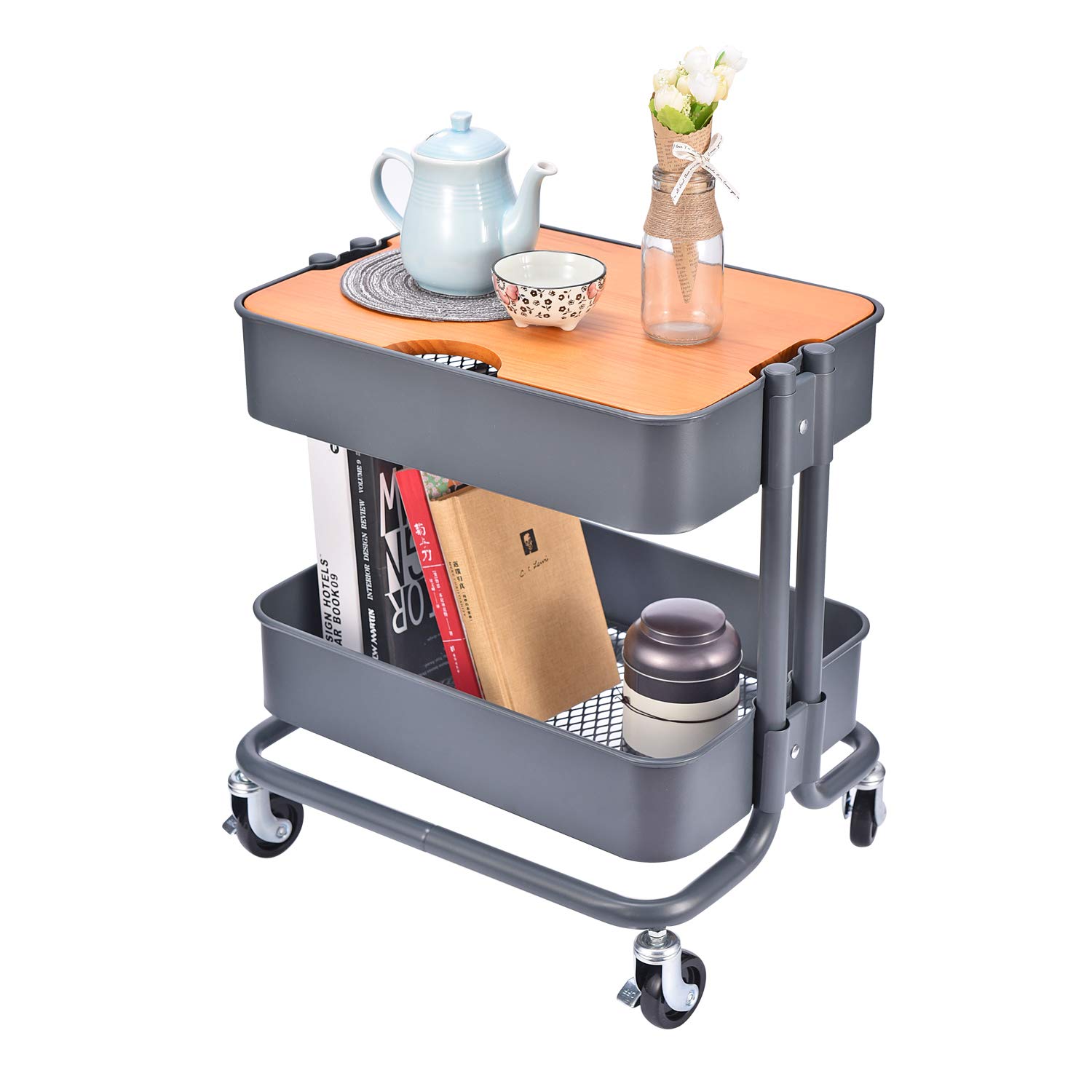 Photo 1 of 2-Tier Metal Utility Rolling Cart Storage Side End Table with Cover Board for Office Home Kitchen Organization, Dark Gray