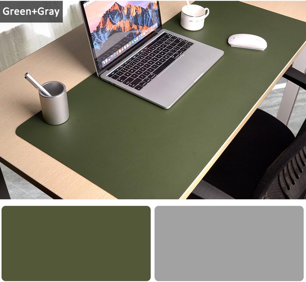 Desk Mouse Pad, 31.5x15.75 Inches Non-Slip PU Leather Desk Mouse Mat Waterproof Desk Pad Protector Large Gaming Writing Mat for Office Home Desks (dark green+gray)