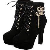 Women's High Heel Boots Suede Platform Lace Up Low Boots Fashion Chunky Stiletto Round Toe Sexy Ankle Booties With Buckle Decor