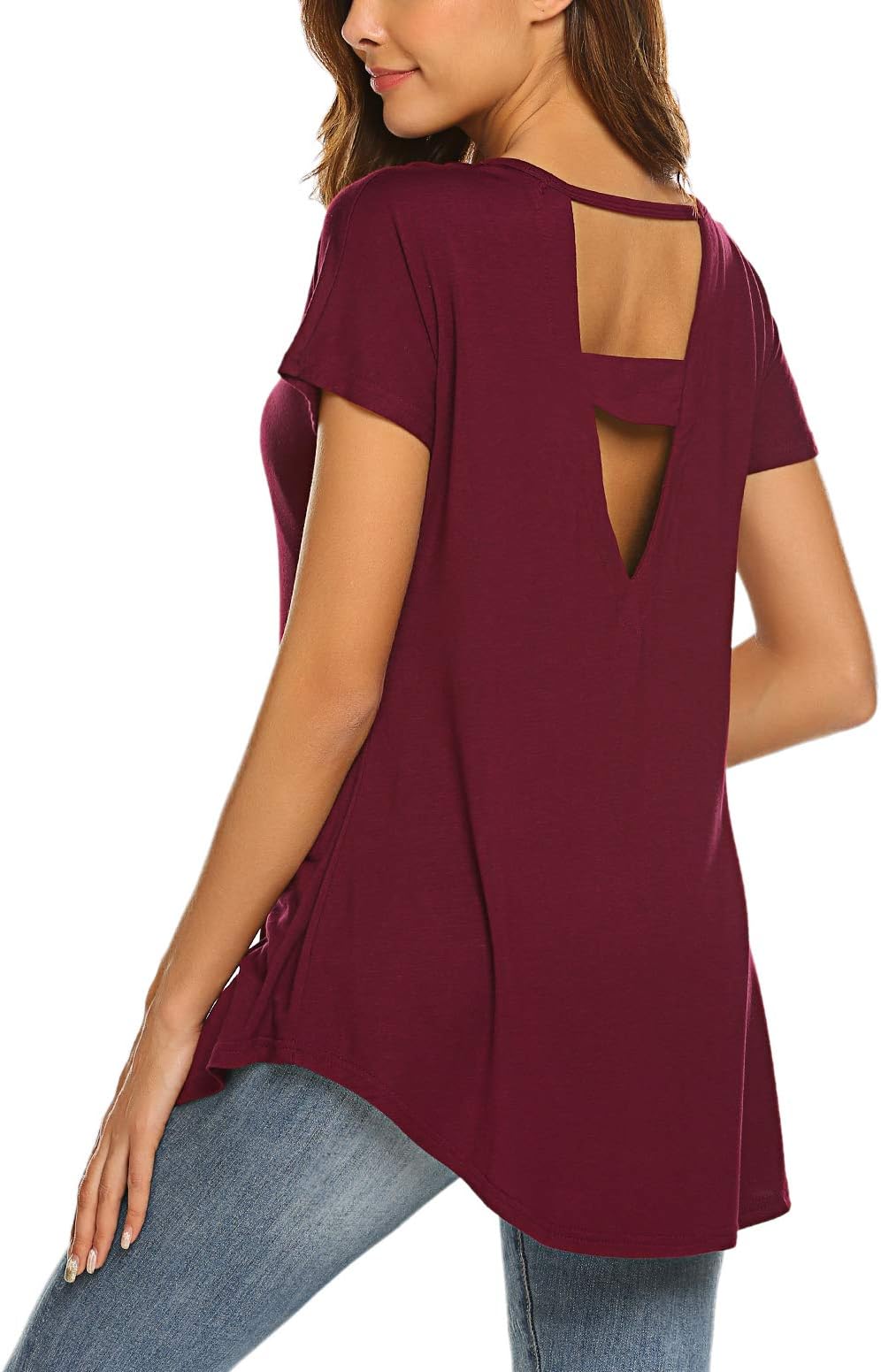 SimpleFun Womens Casual V Cut Out Back Short Sleeve Tee Shirts Soft Active Tops