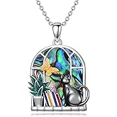 LONAGO Cat Pendant Necklace with Abalone Shell Sterling Silver Cat Necklace Jewelry Gift for Women