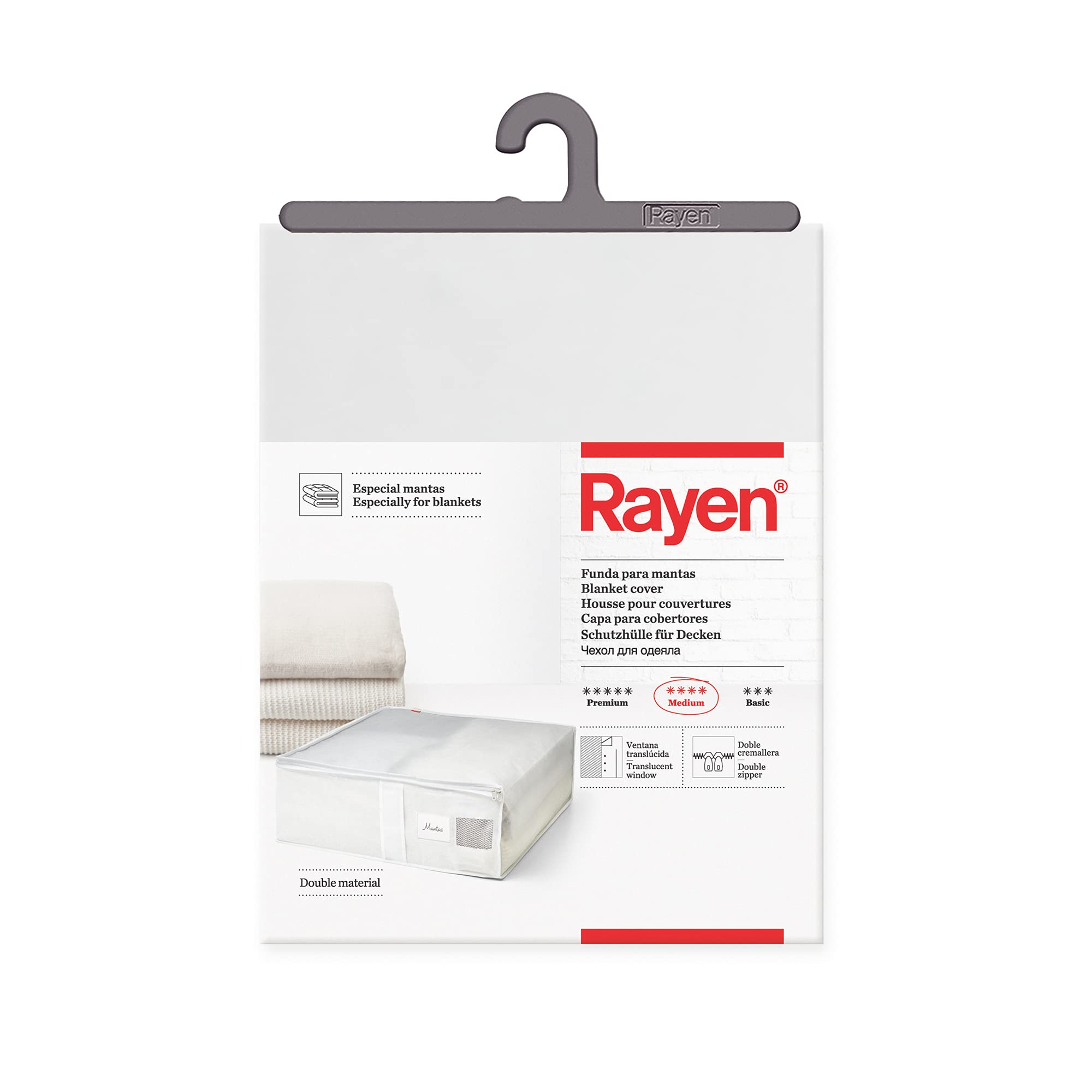 Rayen | Storage box for clothes and bedclothes | Zip-up fabric bag for clothes with breathable, folding and resistant vent | 55 x 65 x 20 cm | White/Translucent