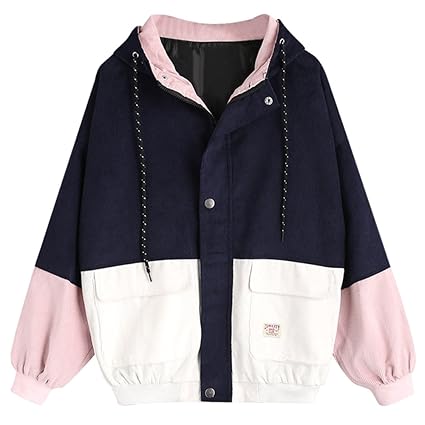 ZAFUL Damen Color Block Jacke mit Kapuze Loose Langärmelige Winterjacke Warme Mädchen Cordjacke mit Reißverschluss