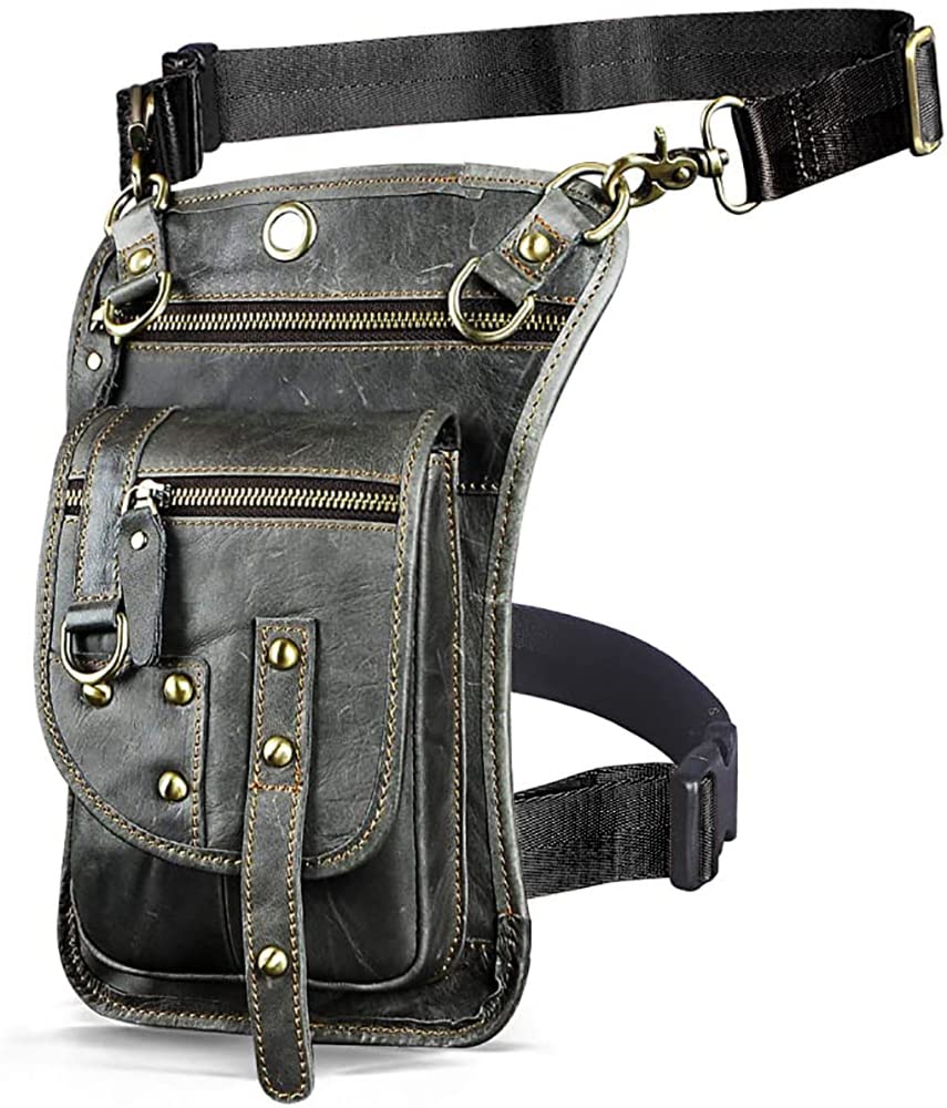 Le'aokuu Mens Genuine Leather Messenger Travel Outdoor Hip Bum Belt Waist Pack Drop Leg Thigh Bag 2141 (2141 Grey)