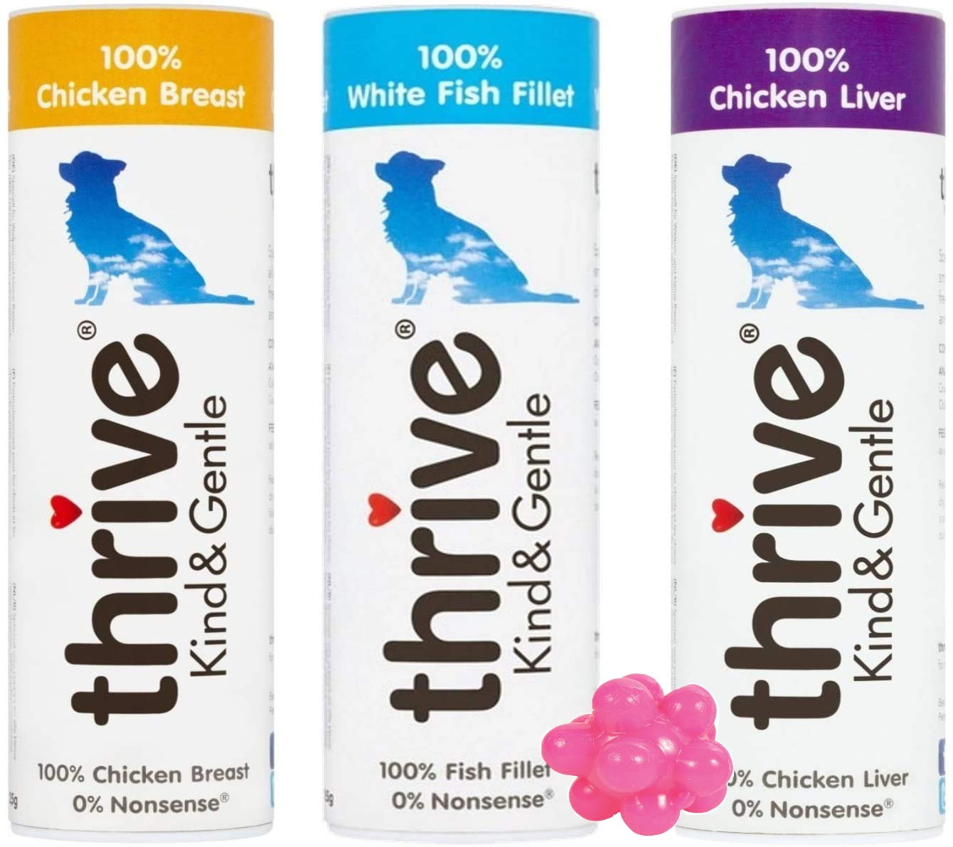 Thrive 100% Kind and Gentle Dog Treats (Chicken 25g, White Fish 15g, Chicken Liver 25g) and one free ball for your dog