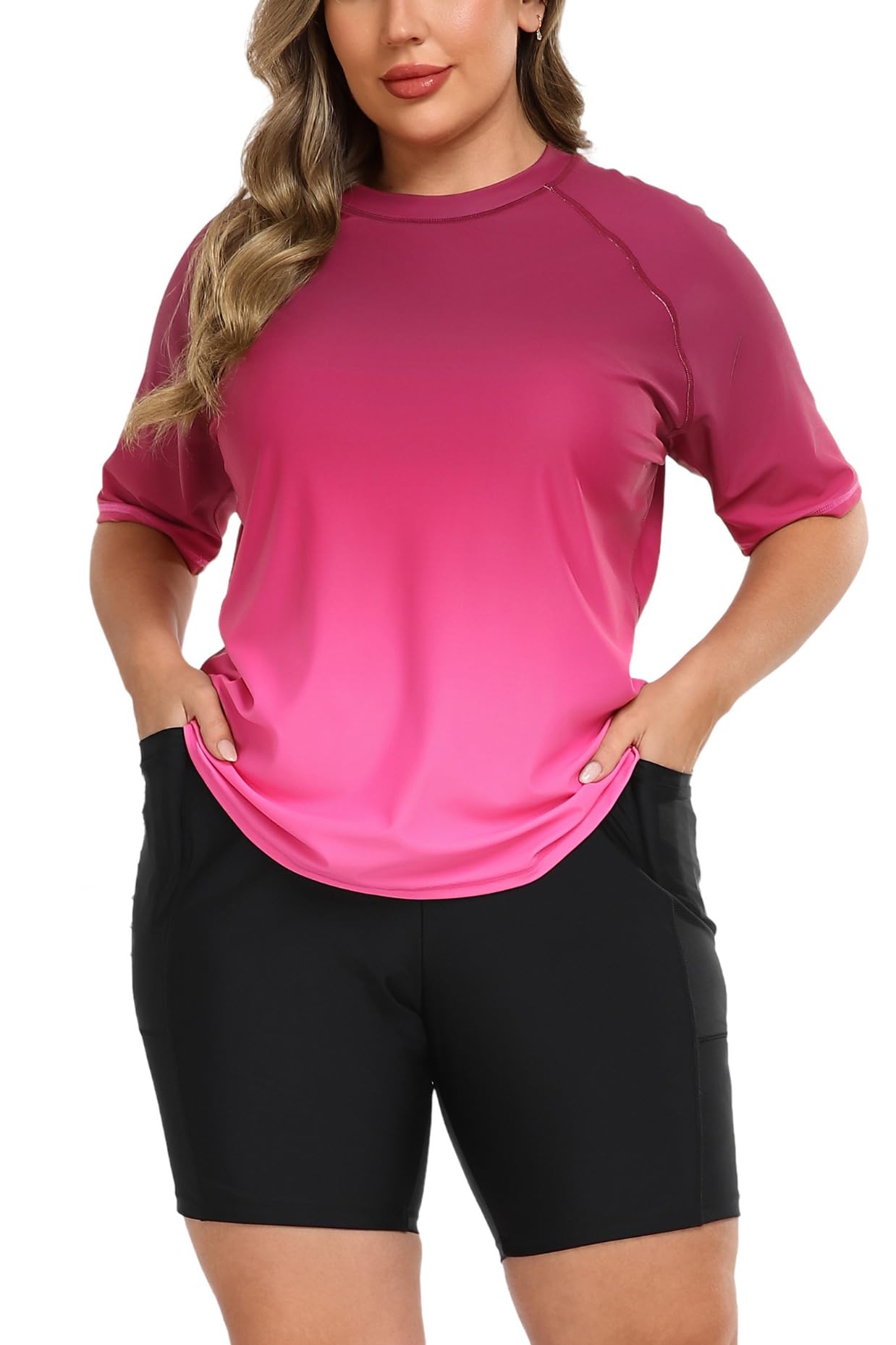 Photo 1 of (2XL) (USED/FAIR) (BAGGED) Halcurt Womens Plus Size Rash Guard with Built in Bra Swimshirt and Shorts 2 Pc Set Ombre Rose Pink 2X