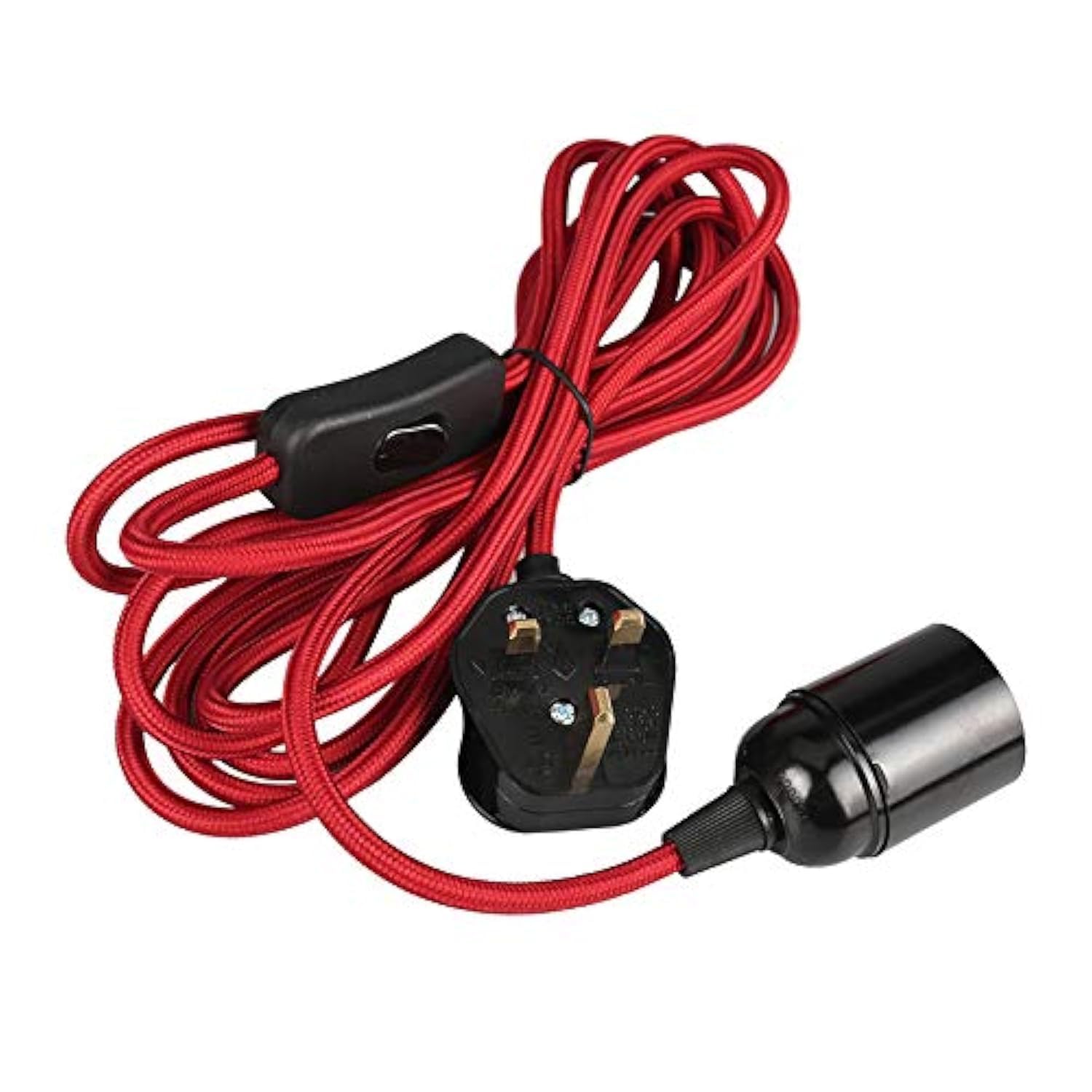 Wowsale Pendant Light Ceiling Lighting Fitting, E27 Lamp Holder Suspended Pendant Light Fitting Kit, 2 Core Gold Fabric Cable Plug with On/Off Switch- UK Plug (Red, 2m)