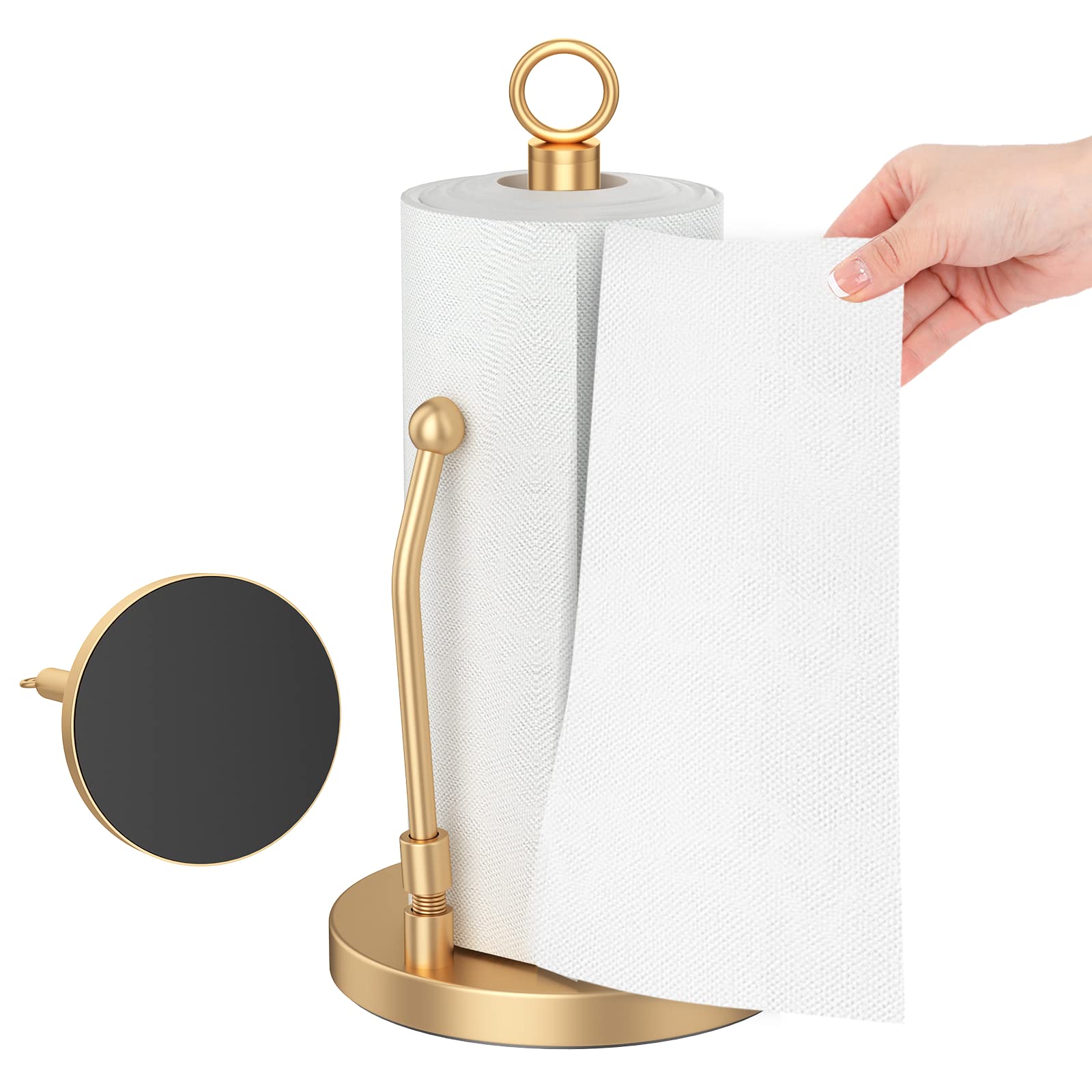 View 1 of Paper Towel Holder Stainless Steel - One Hand Tear Paper Towel Dispenser Standing Weighted Base Non Slip, Spring Arm, Stainless Steel Paper Towel fits in Kitchen Bathroom Countertop (Gold)