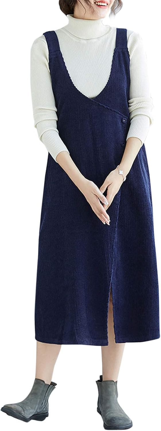 Flygo Women's Button Front Aline Midi Long Corduroy Pinafore Overall