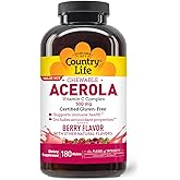 Country Life Acerola Vitamin C Complex, 500mg, Chewable Berry Flavored Wafers, Supports Immune Health, 180 Wafers, Certified Gluten Free by GFCO , Certified Vegan by AVA