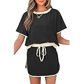 Opemiby Womens 2 Piece Skort Set 2026 Color Block Short Sleeve Top Drawstring Skort Matching Sets Casual Lounge Summer Outfit