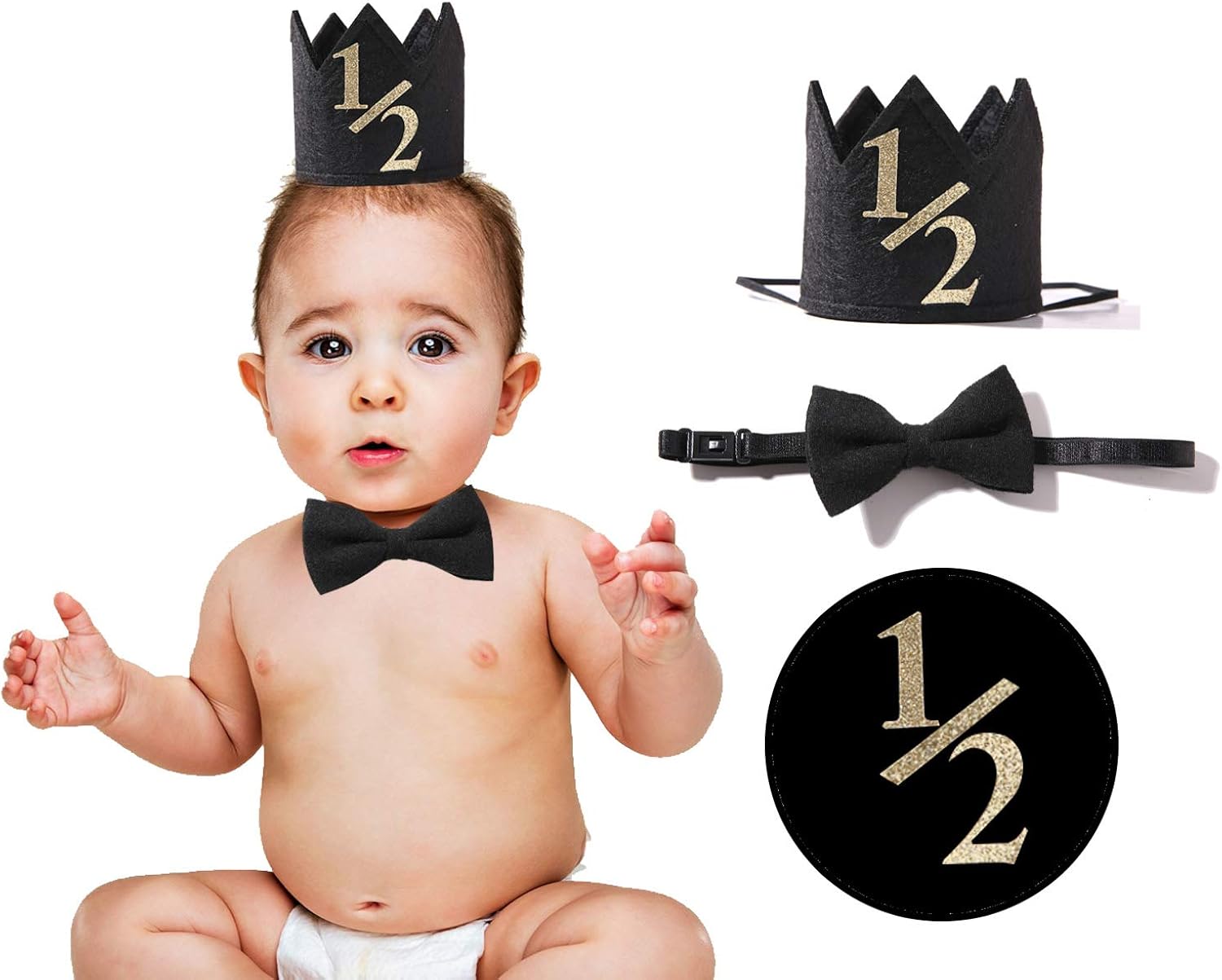 Half Birthday Hat for Baby - 1/2 Birthday Crown Hat, Half Sign 1/2 Baby Photo Prop for 6 Month Birthday, Mini Crown Cake Smash, Party Hats for Kids (1/2 CROWN BLACK): Clothing