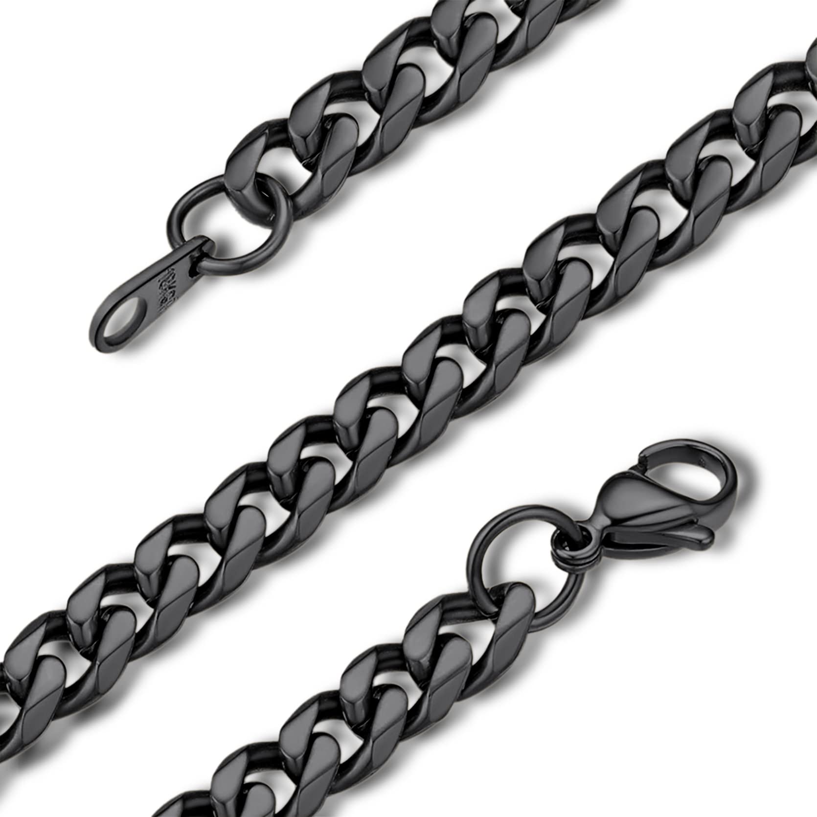 GoldChic Black Chains Necklace for Men Women 316L Stainless Steel Necklaces 6mm Solid Sturdy Flat Curb Link Chain Hip Hop Hypoallergenic Men's Jewellery for Dad 22 inches