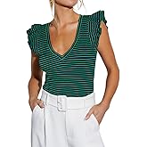 Ezbelle Women's V Neck Tank Summer Tops Striped Tshirts Ruffle Short Sleeve Slim Fitted Ribbed Knit Sexy Blouse 2026