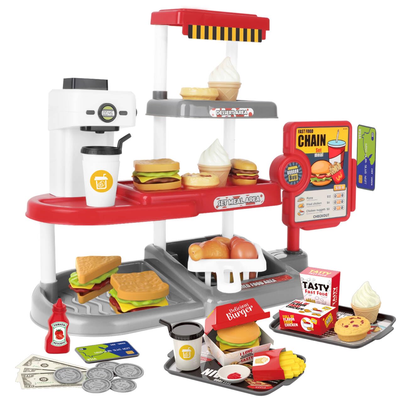 deAO Fast Food Playset for Kids 71PCS Pretend Play Food with Cash Register, Drink Dispenser & Burger Play Set for Role Play Toys, Kitchen Playset for Ages 3+ Boys Girls (Red) — image 1
