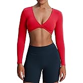 Aoxjox Long Sleeve Crop Tops for Women Metamorph Sienna Twist Deep V Workout Cropped T Shirt Top