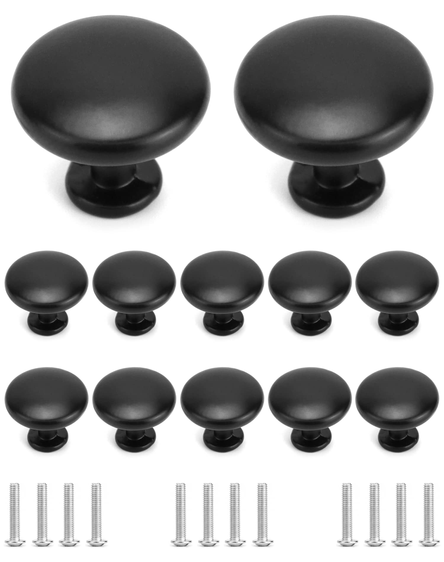 QWORK® 12 Pcs Black Cabinet Knobs Door Knobs, 30mm Round Wardrobe Door Handles Aluminum Alloy for Cabinets/Cupboards/Drawers/Wardrobes, Screws Included