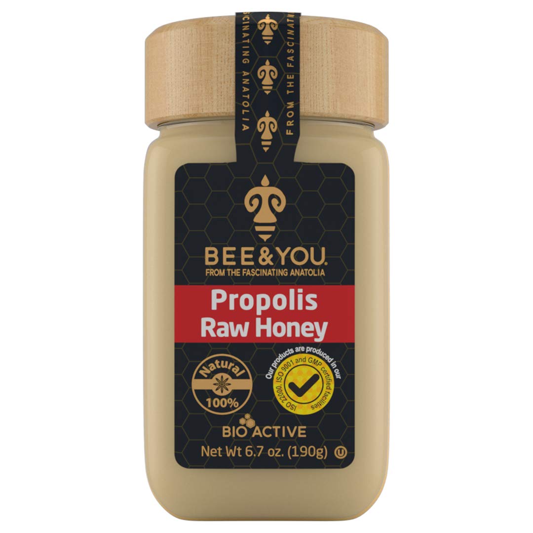 BEE & YOU Propolis, Raw Honey 100% Natural and Free of Chemicals,Colors, GMO's, Gluten and Soy-No Hidden Ingredients Tastes Great-Supports Anti-Aging, Skin Health and Cognitive Functions