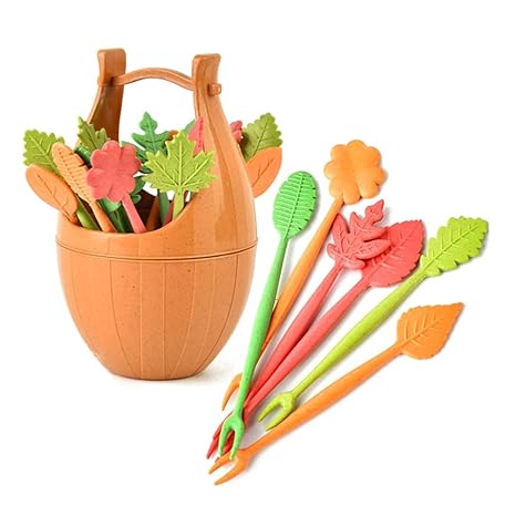 BESTONZON 1 Satz 17 stücke Holzfass Blätter Obst Gabel Weizenstroh Blätter Obst Gabel Set Salat Gemüse Cocktail Picks Gabeln 