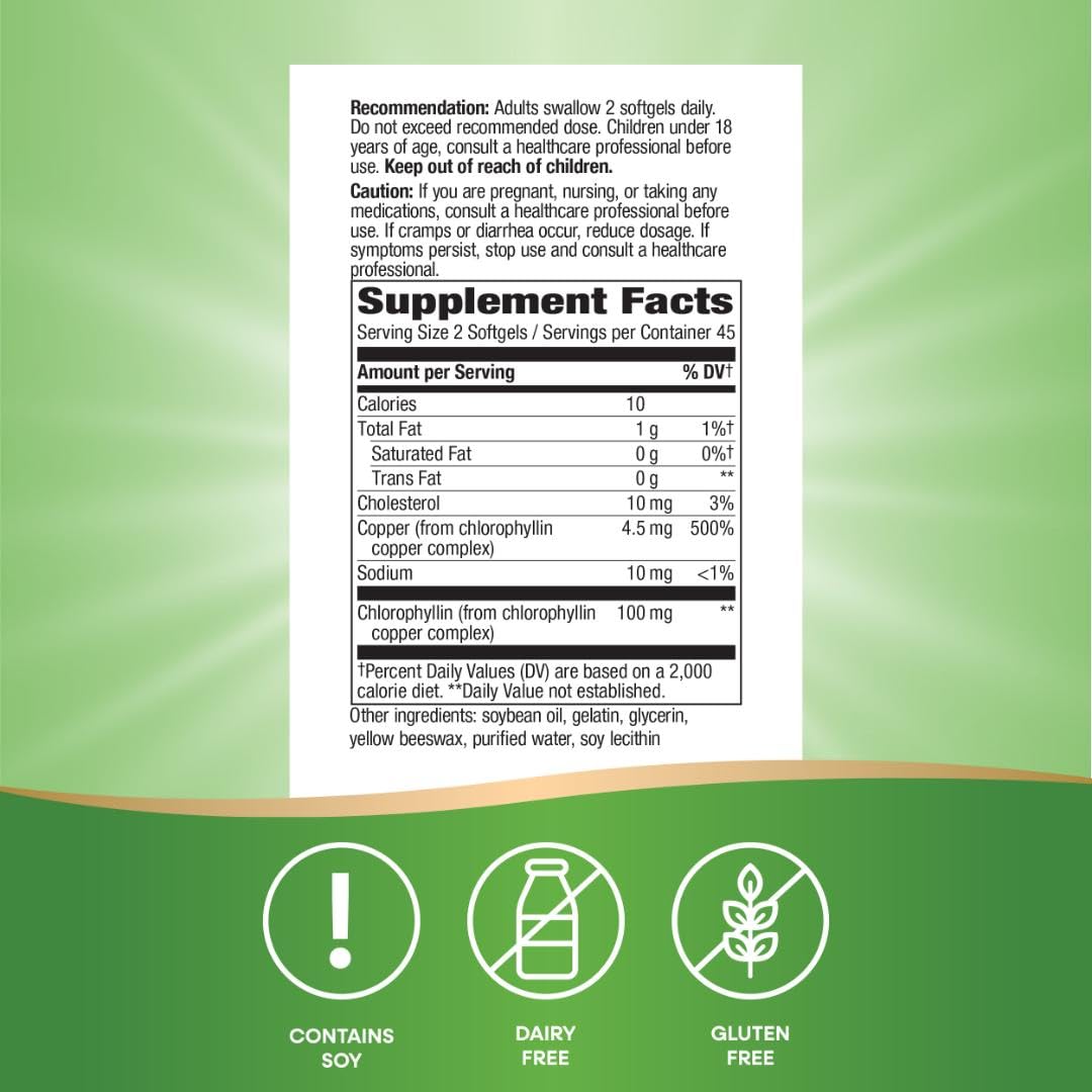 Nature’s Way Chlorofresh Chlorophyll Concentrate, Chlorophyll Supplements, Supports Detox Pathways* & Healthy Skin*, Chlorophyllin Copper Complex, Internal Deodorant*, 90 Softgels (Packaging May Vary)