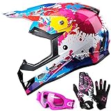GLX Youth & Kids Motocross/ATV/Dirt Bike 3-pc Gear Combo Set - Helmet, Gloves & Goggles - DOT Certified (Medium, Graffiti Pink & White)