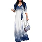 PinkPatty Plus Size Maxi Dresses for Women Casual Flowy Long Dress 3/4 Sleeve V Neck Wrap Dress with Belt
