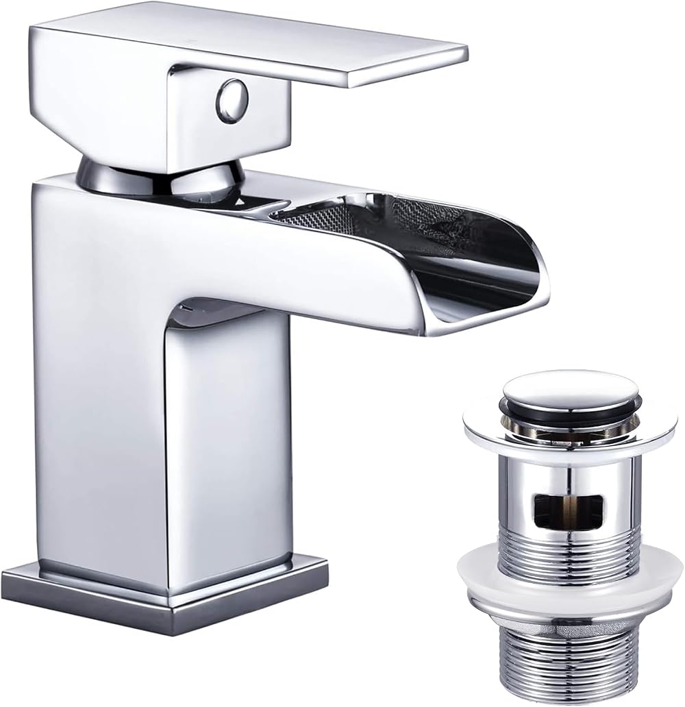 Funime Basin Taps Mixers with Pop-up Waste Chrome Square Monobloc G1/2 Hoses